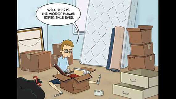 A comic book image of a dejected man in the process of moving